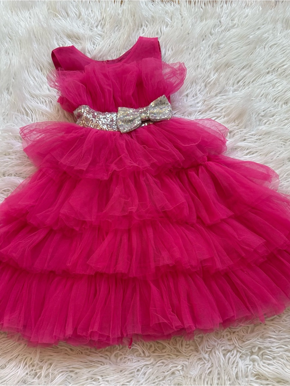 Girls Hot Pink Tulle Party Dress with Sequin Bow